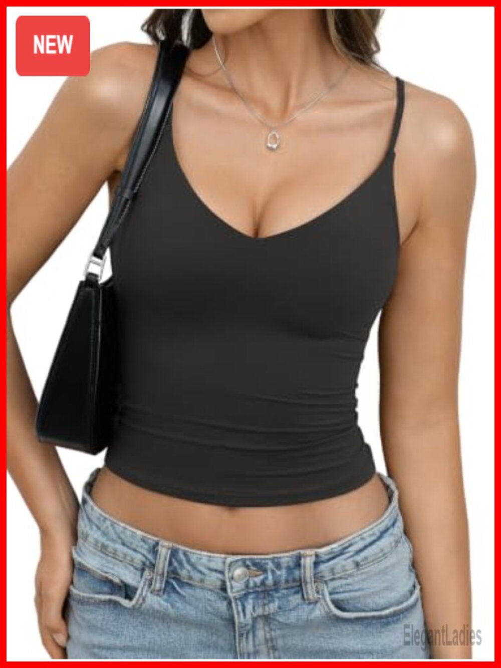 Women's Double Lined V Neck Crop Cami Tank Top Slim Fit Adjustable Straps